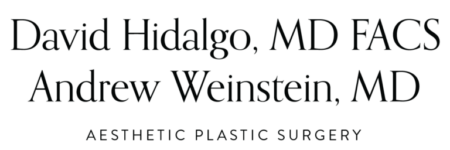 Logo for aesthetic plastic surgery practice featuring names "david hidalgo, md facs" and "andrew weinstein, md" in sophisticated gray font.